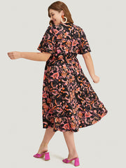 Bandana Print Pocket Shirred V Neck Ruffle Hem Dress