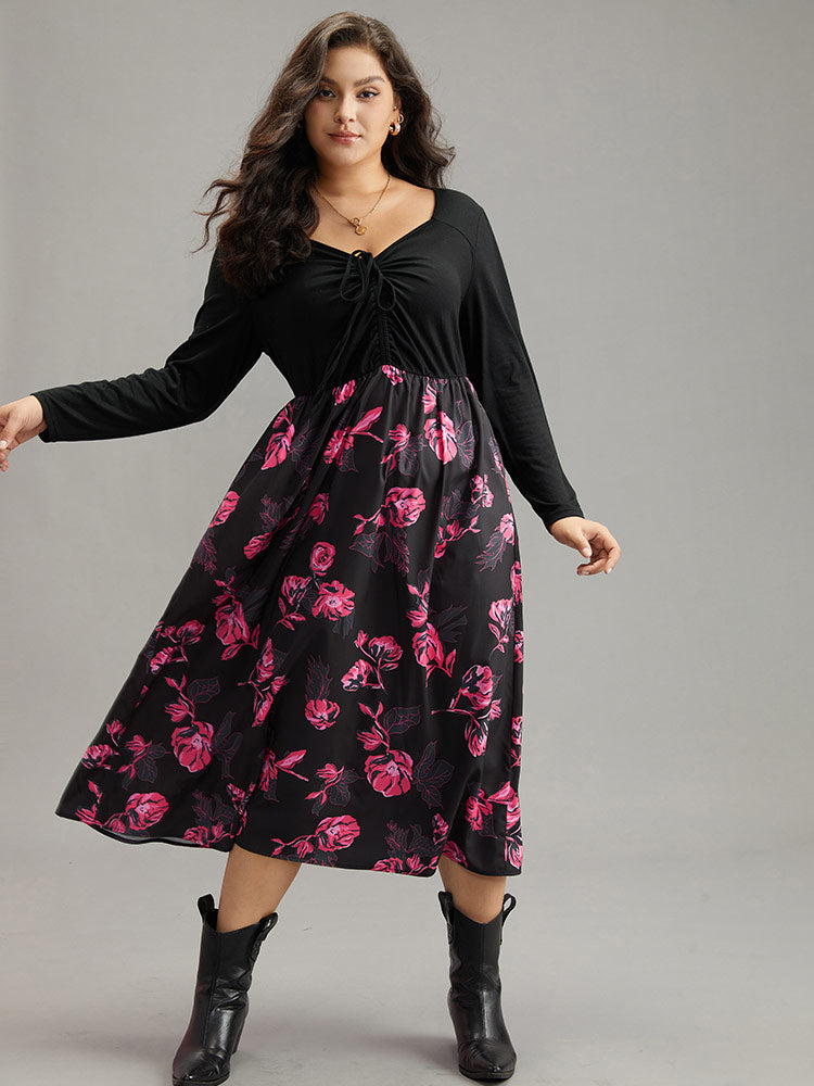 Floral Patchwork Gathered Drawstring Dress