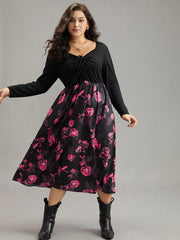 Floral Patchwork Gathered Drawstring Dress