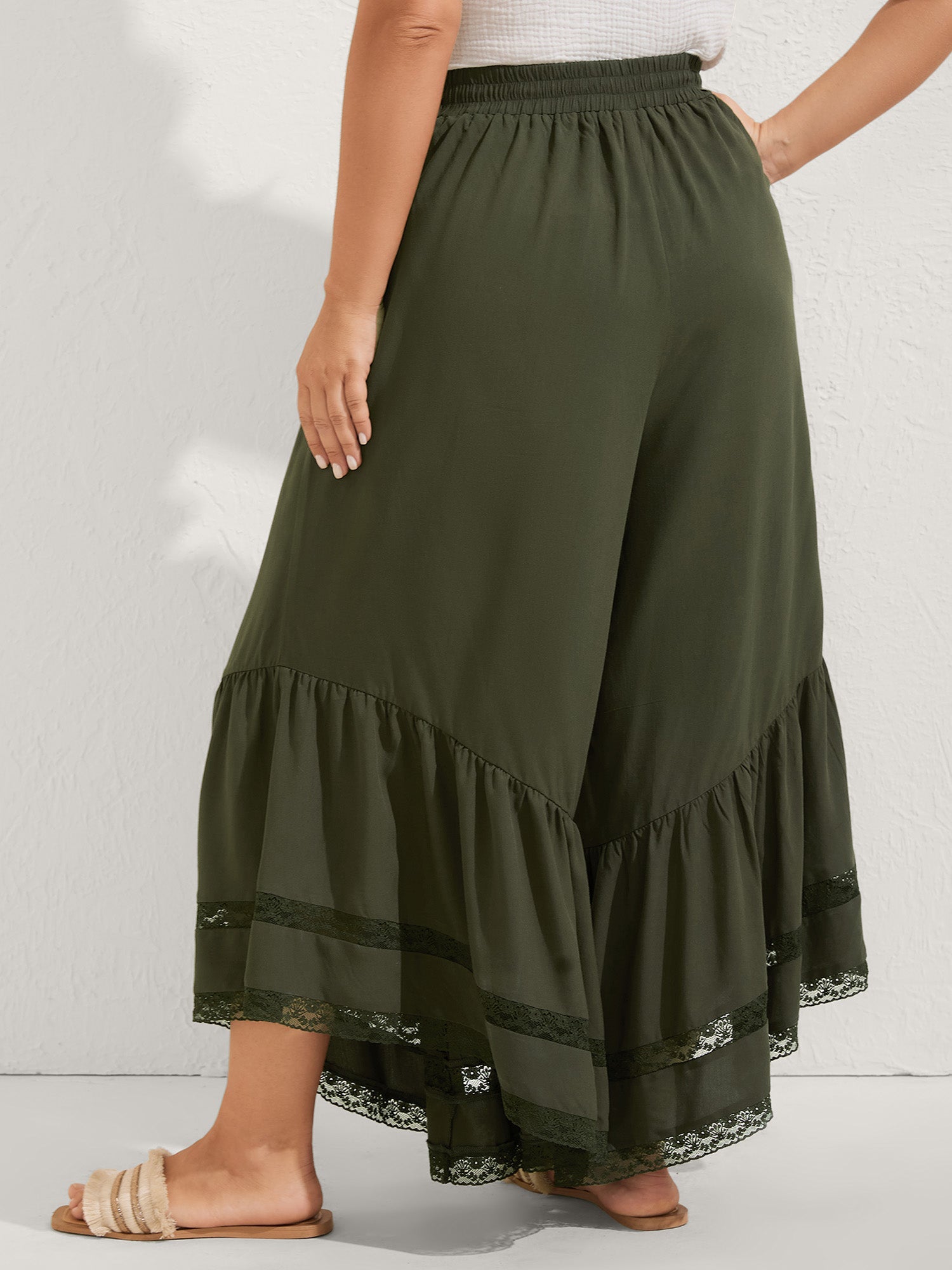 Ruffled Lace Hem Wide-Leg Pants