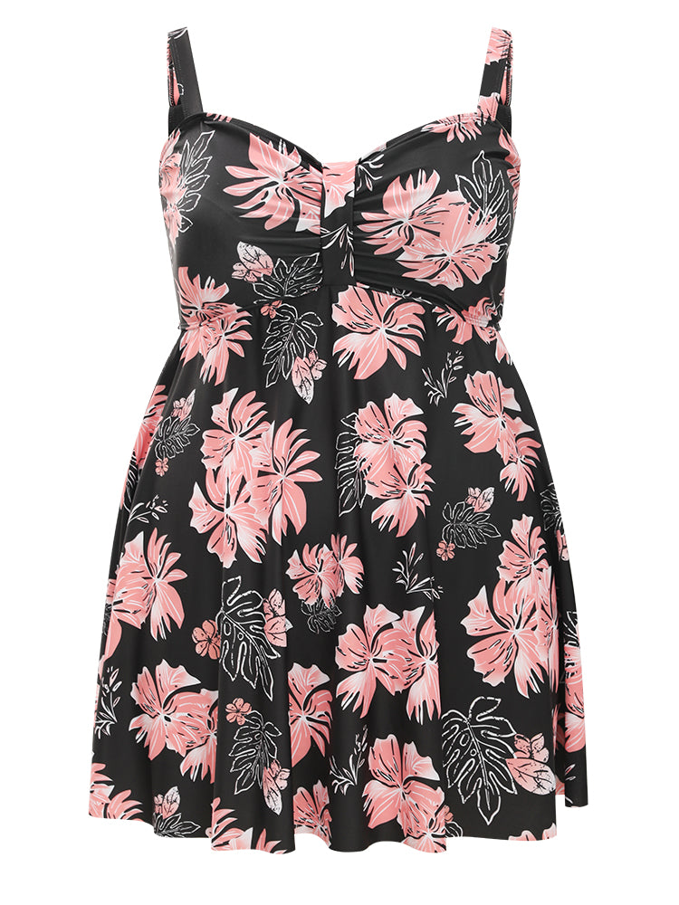Floral Print Gathered  Adjustable Straps Swim Dress