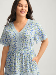 Floral Print Lace Tiered Midi Dress