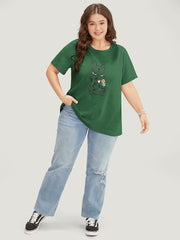 Cartoon Dog & Floral Print Short Sleeve T-shirt