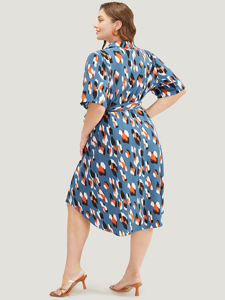 Allover Print Button Detail Pocket Belted Arc Hem Dress