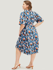 Allover Print Button Detail Pocket Belted Arc Hem Dress