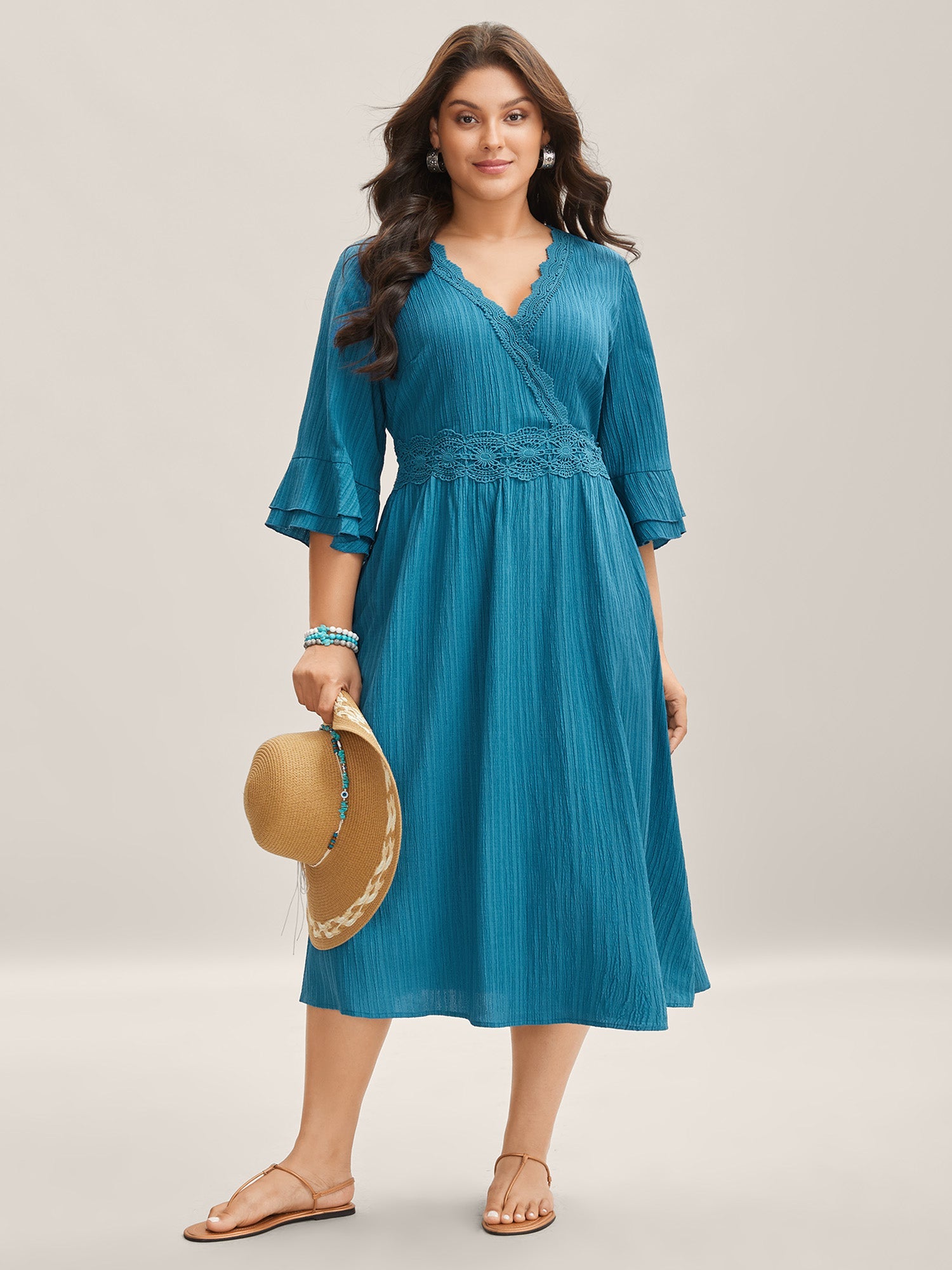 Scalloped Lace Surplice Ruffled Midi Dress
