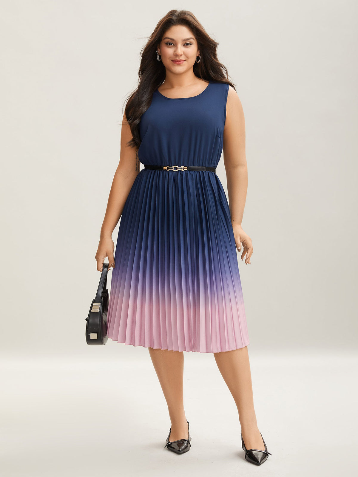 Ombre Gradient Pleated Sleeveless Midi Dress