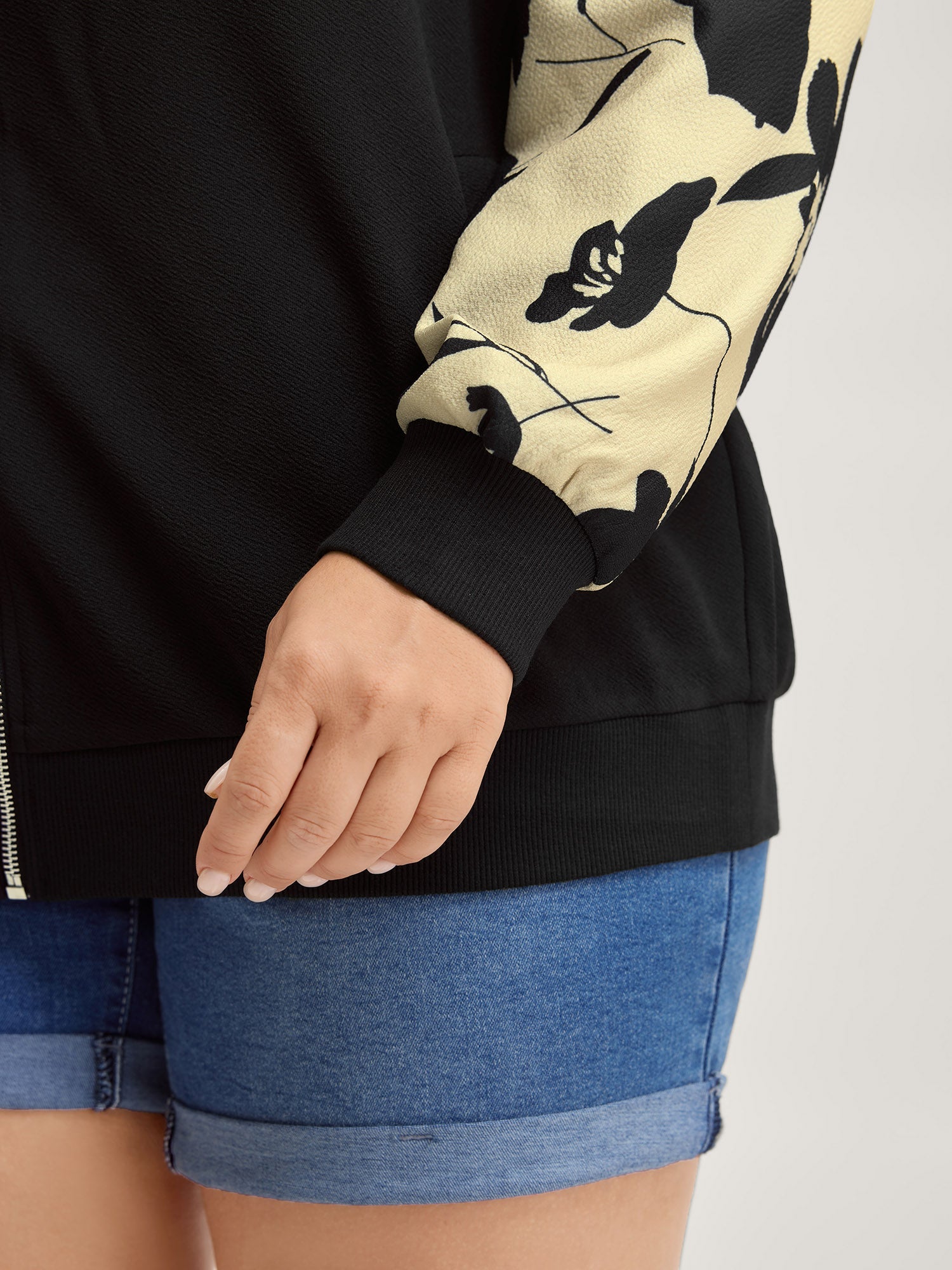 Silhouette Flower Print Zipper-Front Jacket