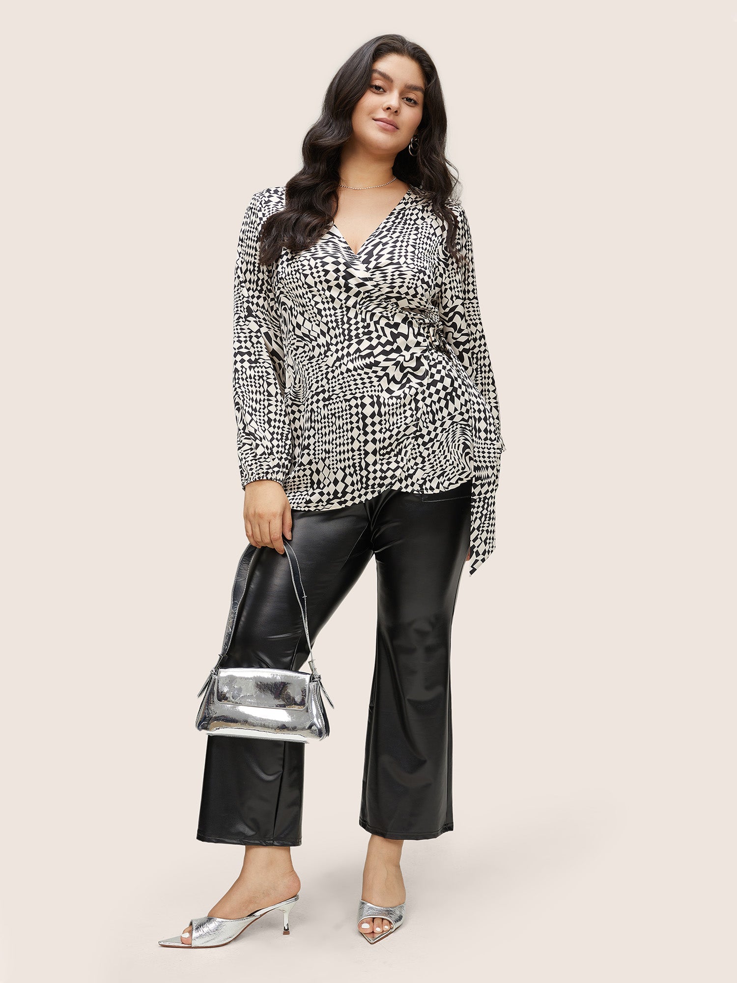 Asymmetrical Geometric Wrap Button Detail Blouse