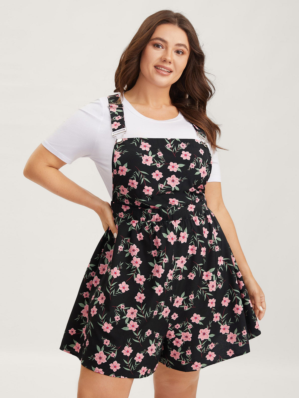 Floral Print Overall Straps Stretchy Romper