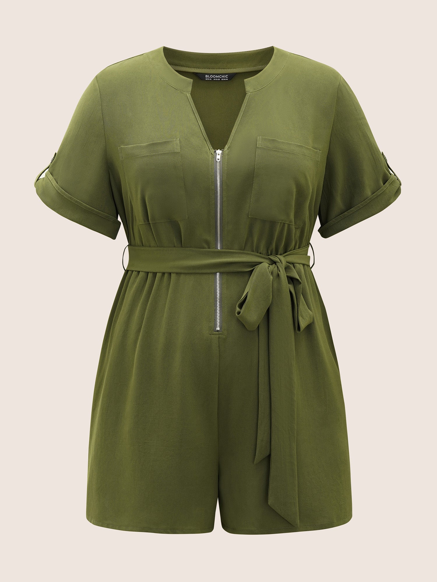 Solid Half Zip Belted Tab Sleeve Jumpsuit