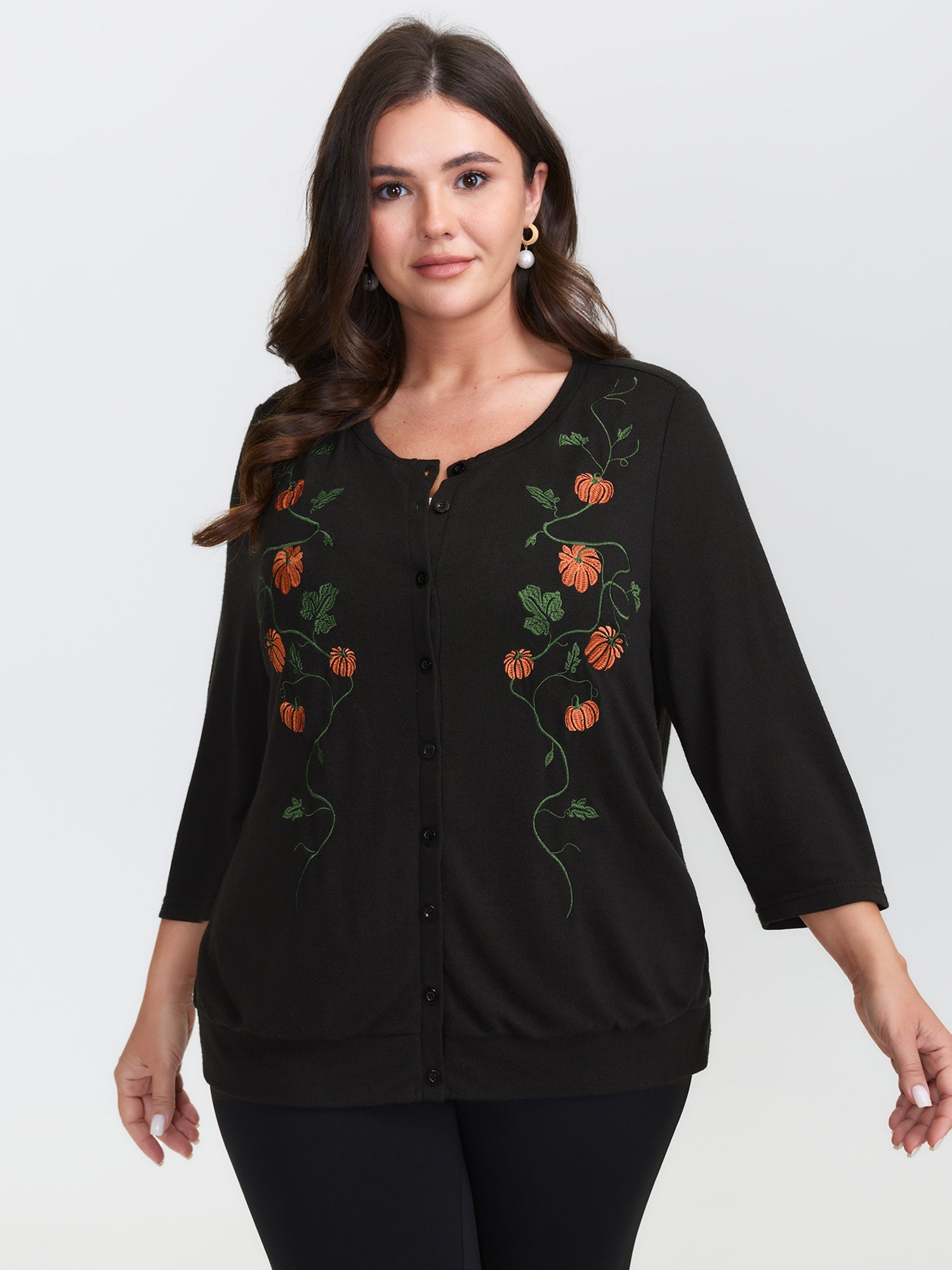 Floral Embroidery Stretch Knit Button Top