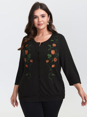 Floral Embroidery Stretch Knit Button Top