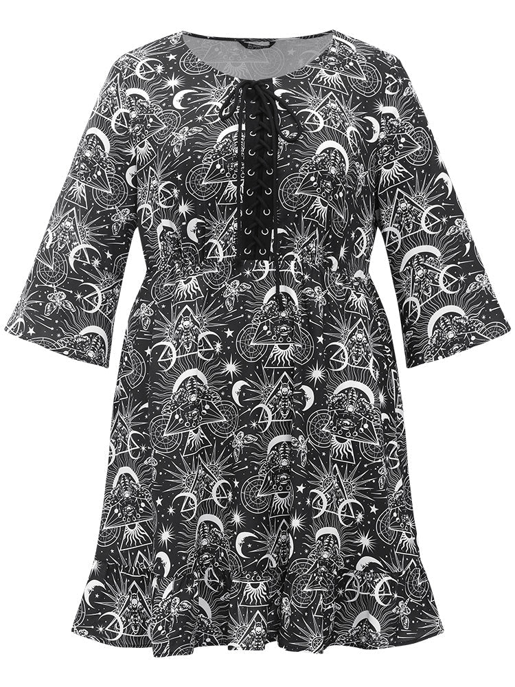 Halloween Moon & Star Lace Up Pocket Bell Sleeve Dress