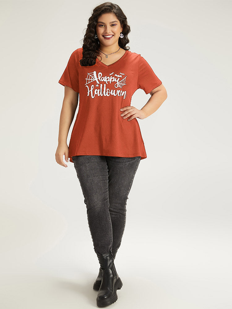 Halloween Letter Print V Neck T-shirt