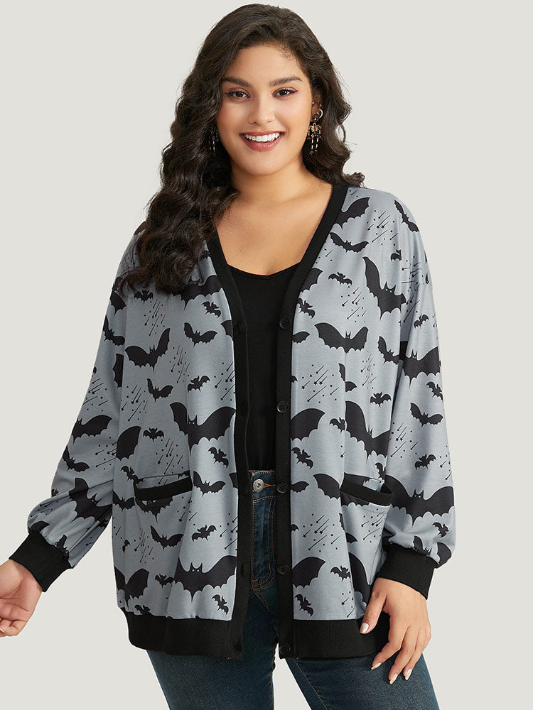 Halloween Bat Print Pocket Button Up Rib Knit Coat