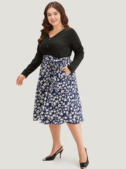 Silhouette Floral Print Belted Button Detail Dress