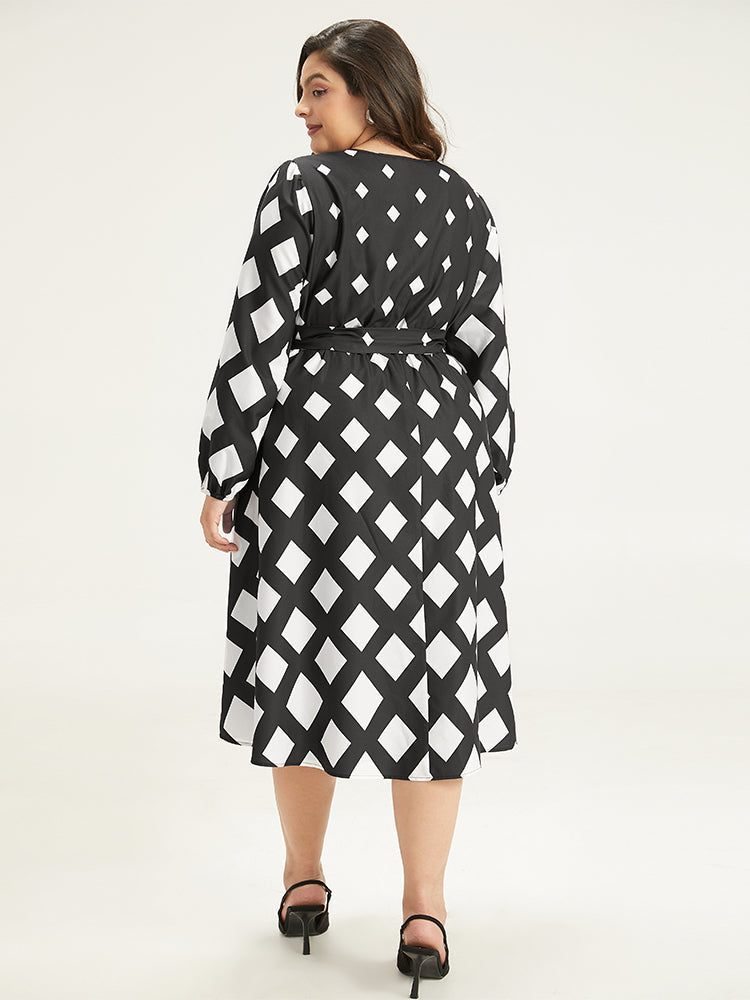 Geometric Print Belted Lantern Sleeve Dress