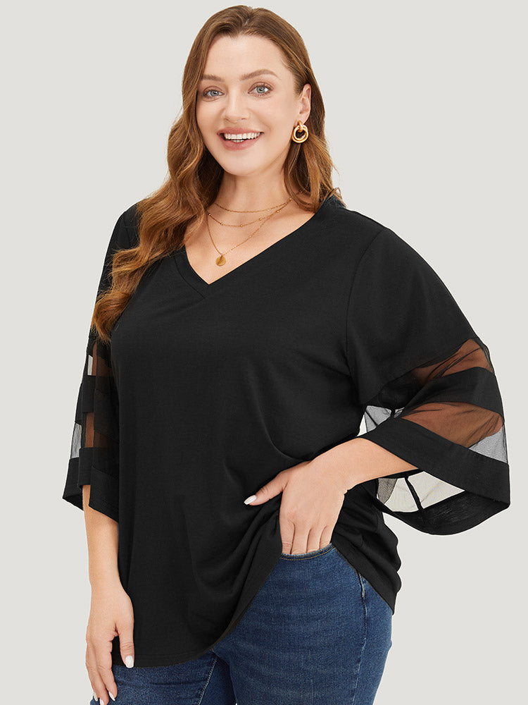 Solid Mesh Patchwork V Neck T-shirt