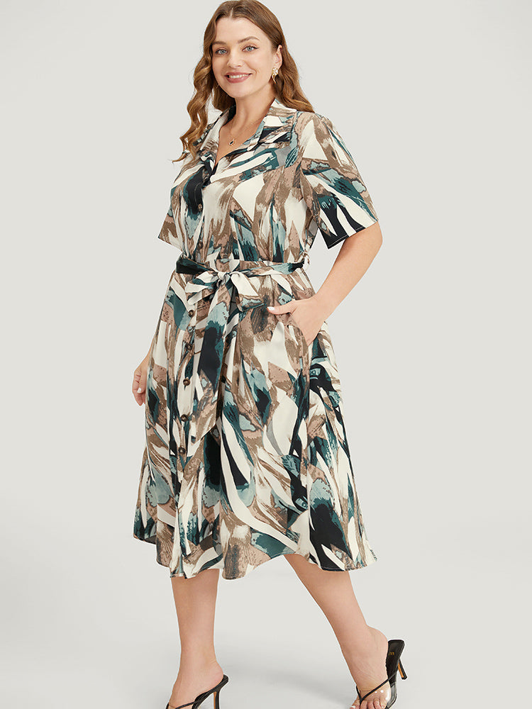 Allover Print Pocket Button Up Belted Shirt Collar Dress