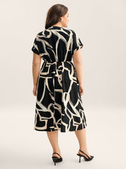 Abstract Print Ribbon Collar Midi Dress