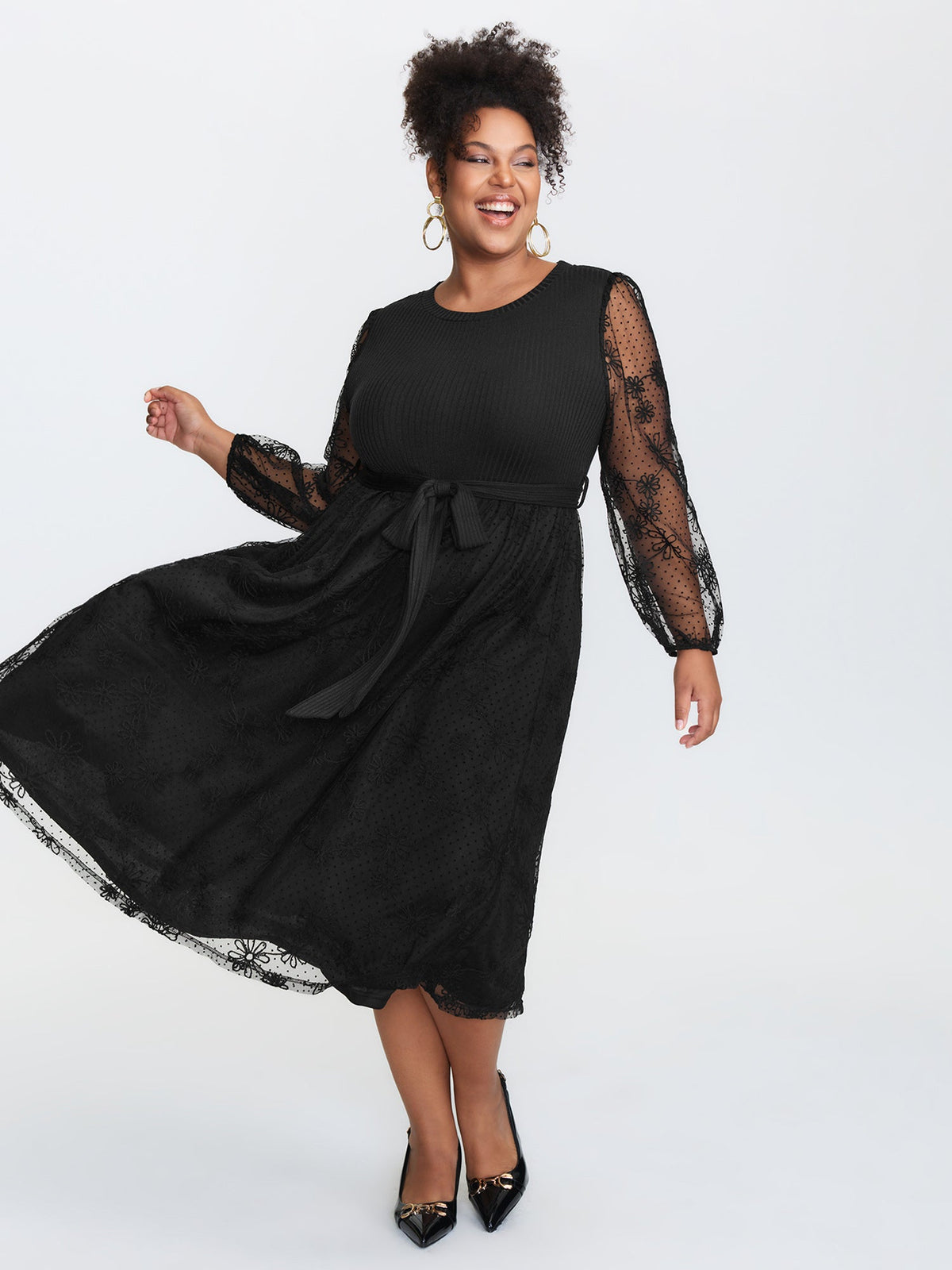 Sheer Floral Sleeve Belted Waist Midi Dress