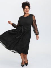 Sheer Floral Sleeve Belted Waist Midi Dress