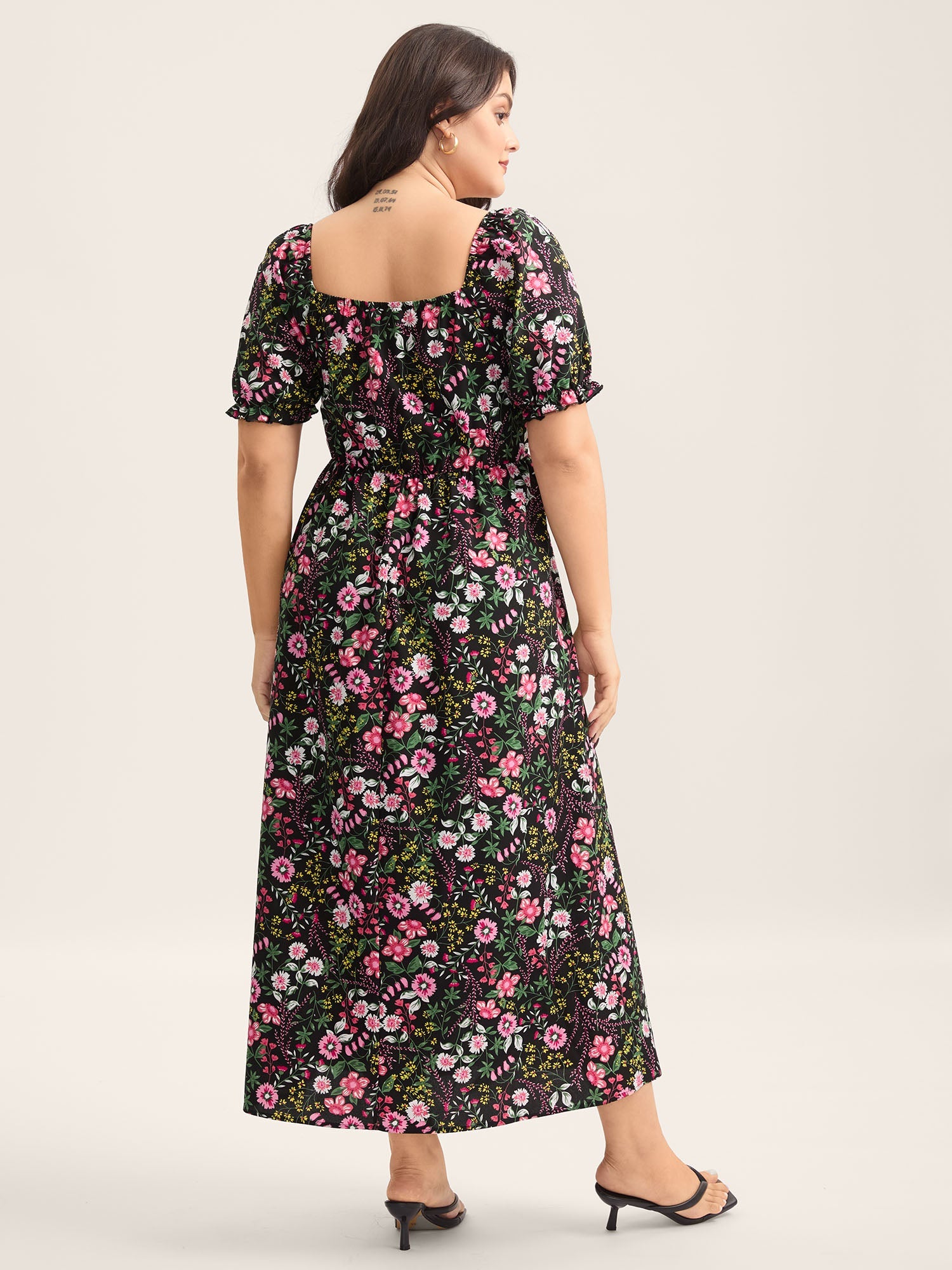 Shirred Floral Print Pockets Maxi Dress