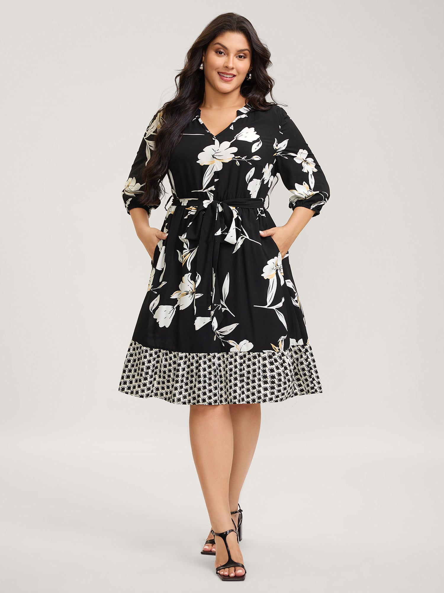 Floral Contrast Polka Dots Midi Dress