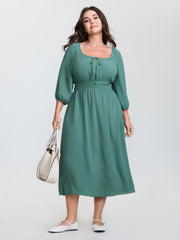 Shirred Waist Drawstring Neckline Midi Dress
