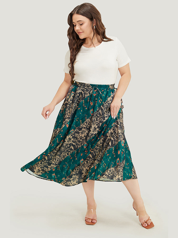 Floral Contrast Pocket Knot Front Skirt