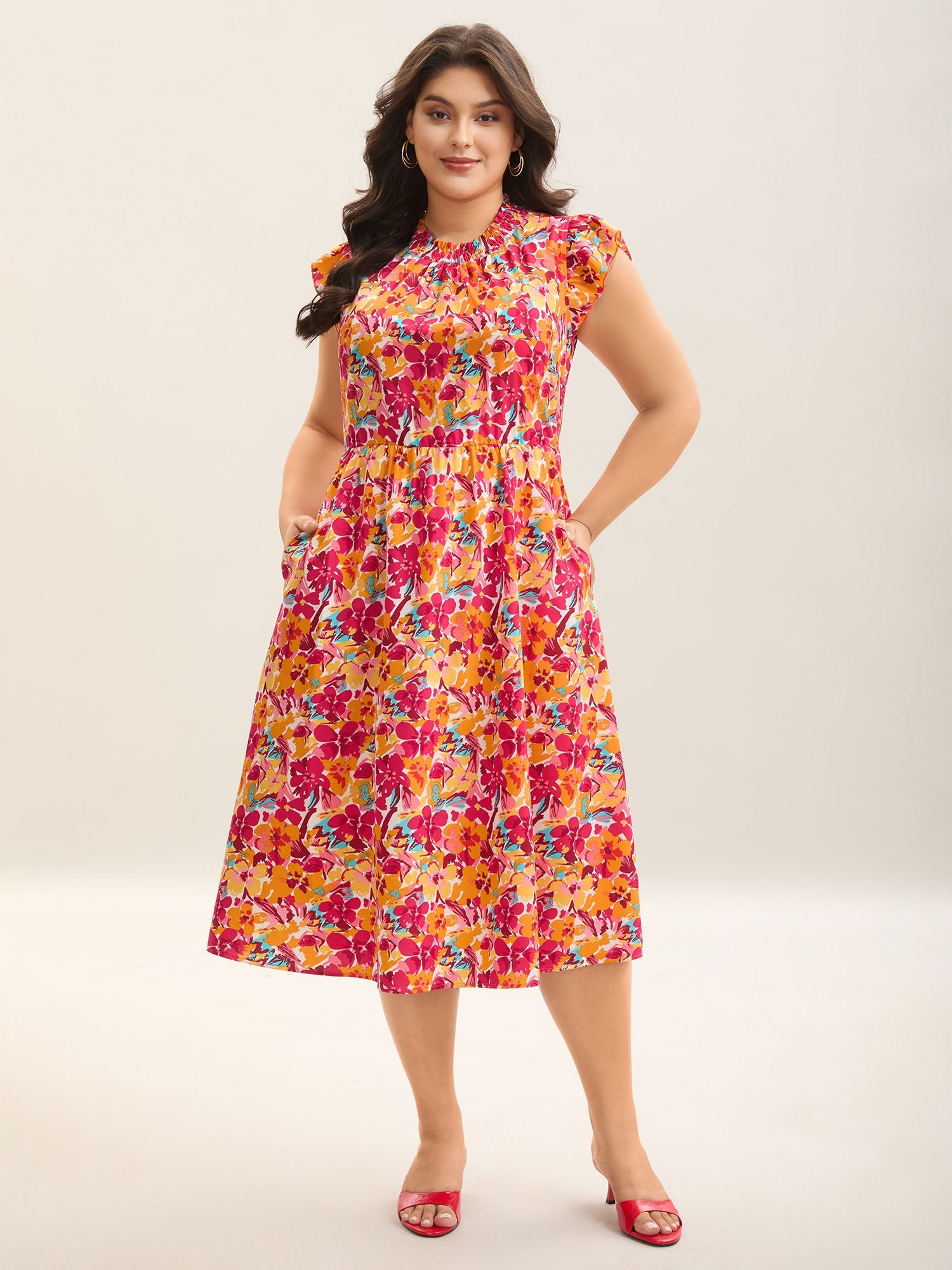 Floral Print Shirred Pockets Midi Dress