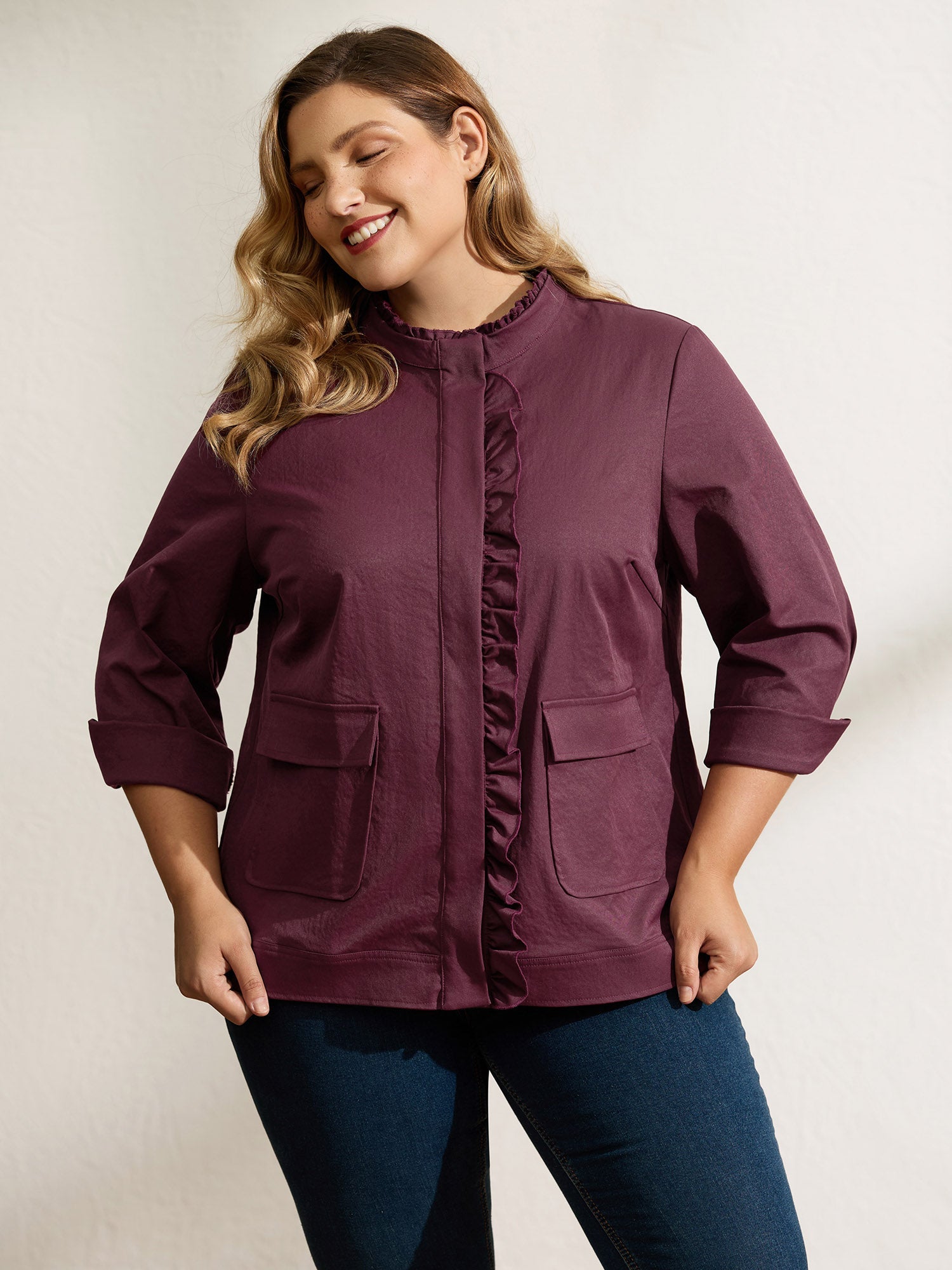 Ruffled Edge Cropped Hem Pocket Jacket