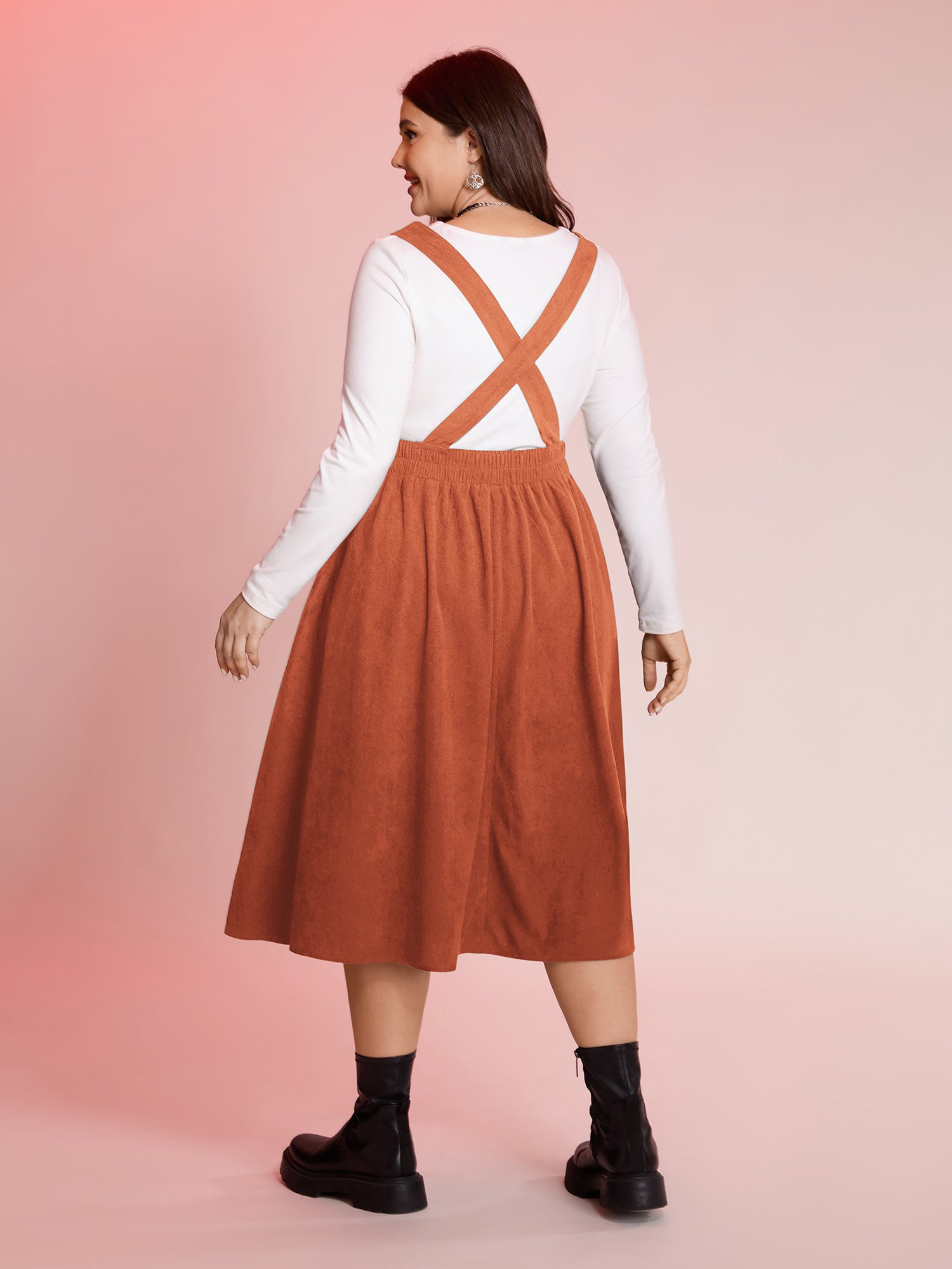 Happy Cat Embroidery Overall Straps Midi Dress