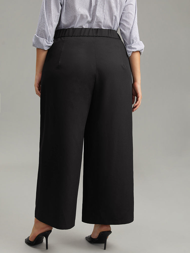 Solid Button Detail Wide Leg Pants