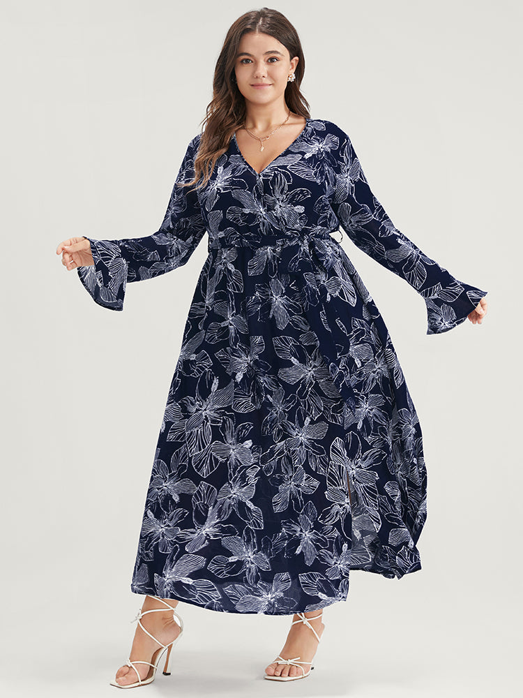 Floral Print Belted Pocket Split Hem Wrap Dress