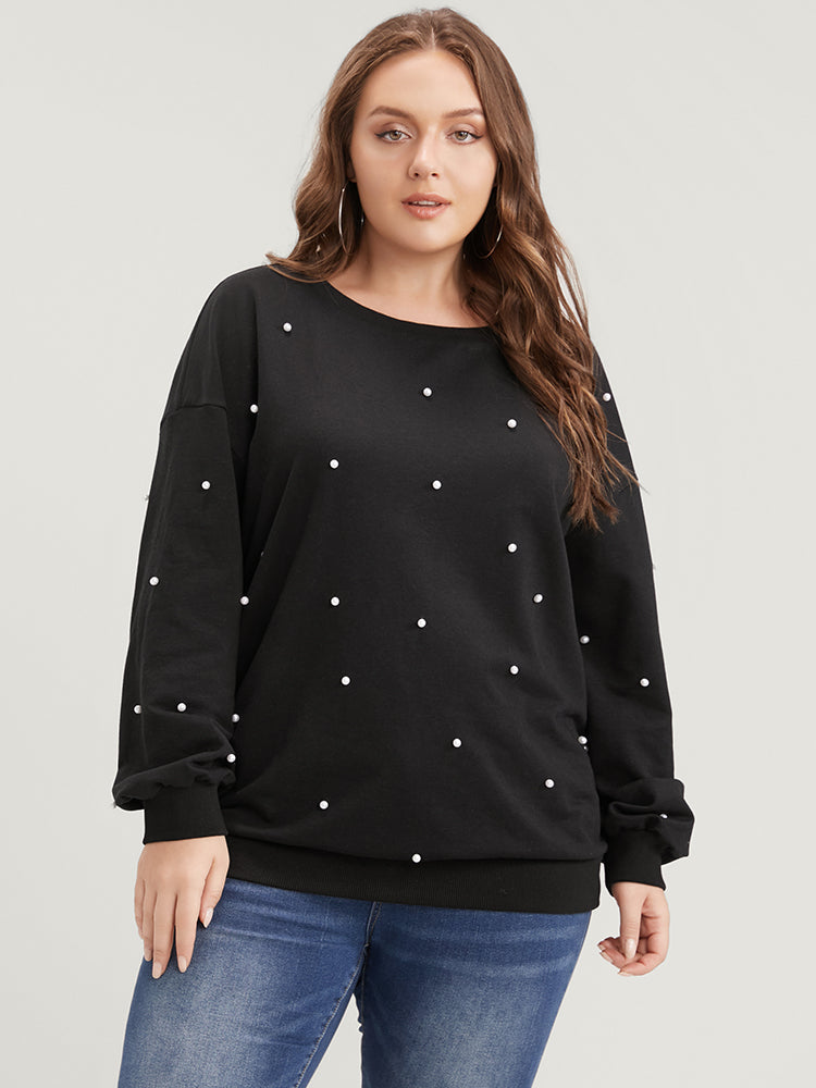 Solid Pearl Beaded Drop Shoulder Sweatshirt