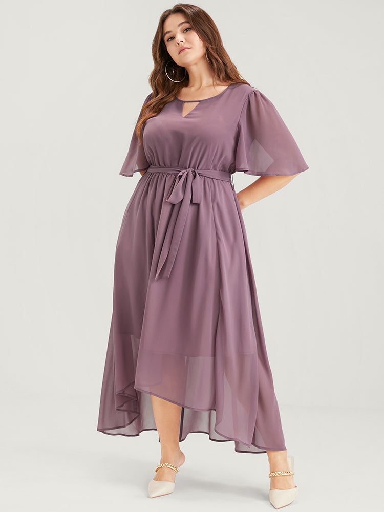 Solid Keyhole Neck Ruffle Asymmetrical Hem Belted Maxi Dress
