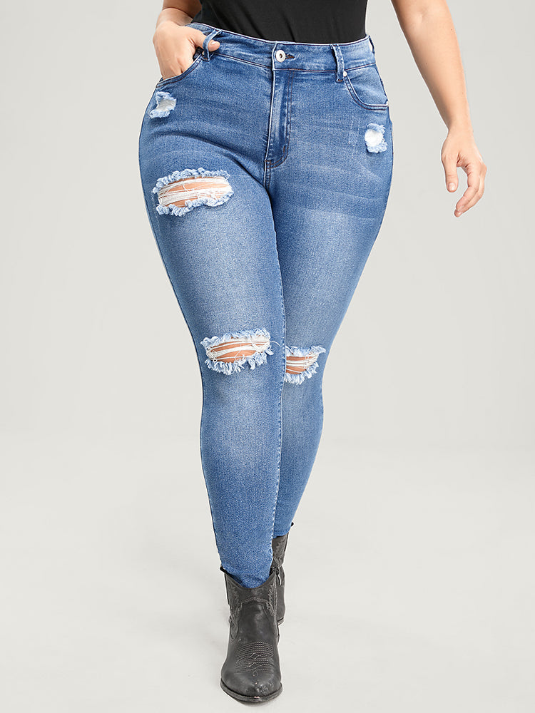 Skinny Very Stretchy High Rise Asymmetrical Distressed Jeans