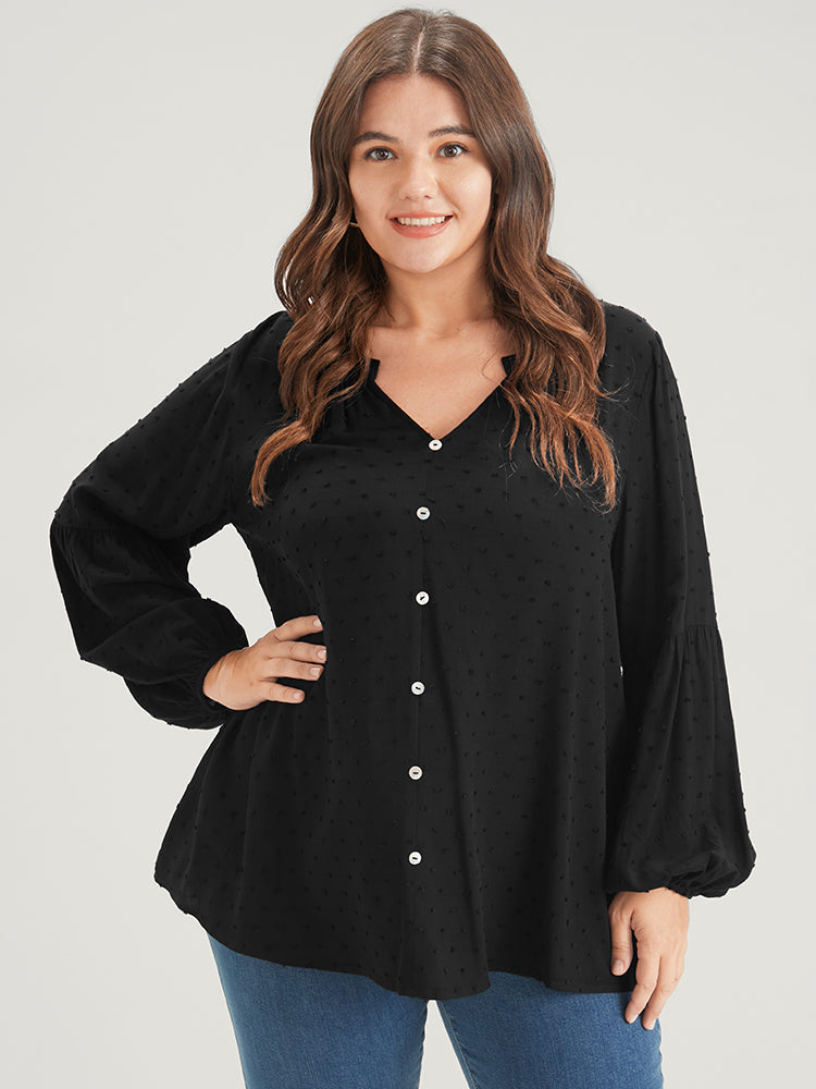 Solid  Button Lantern Sleeve Polka Dot Blouse