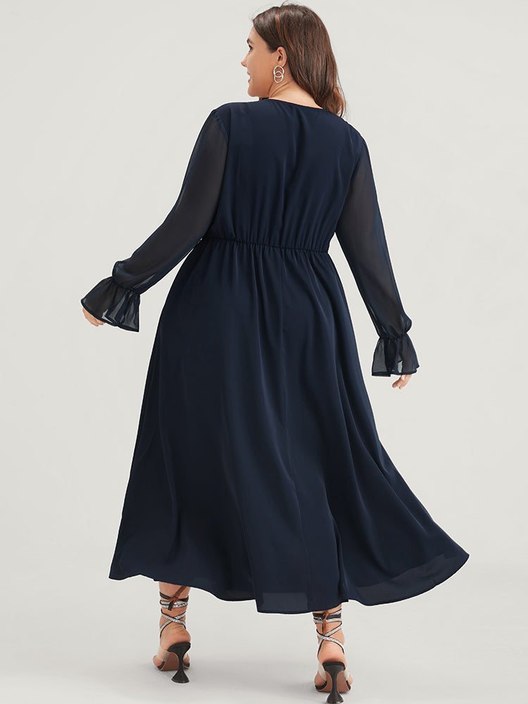 Solid Button Split Pocket Wrap Lantern Sleeve Ruffles Hem Dress