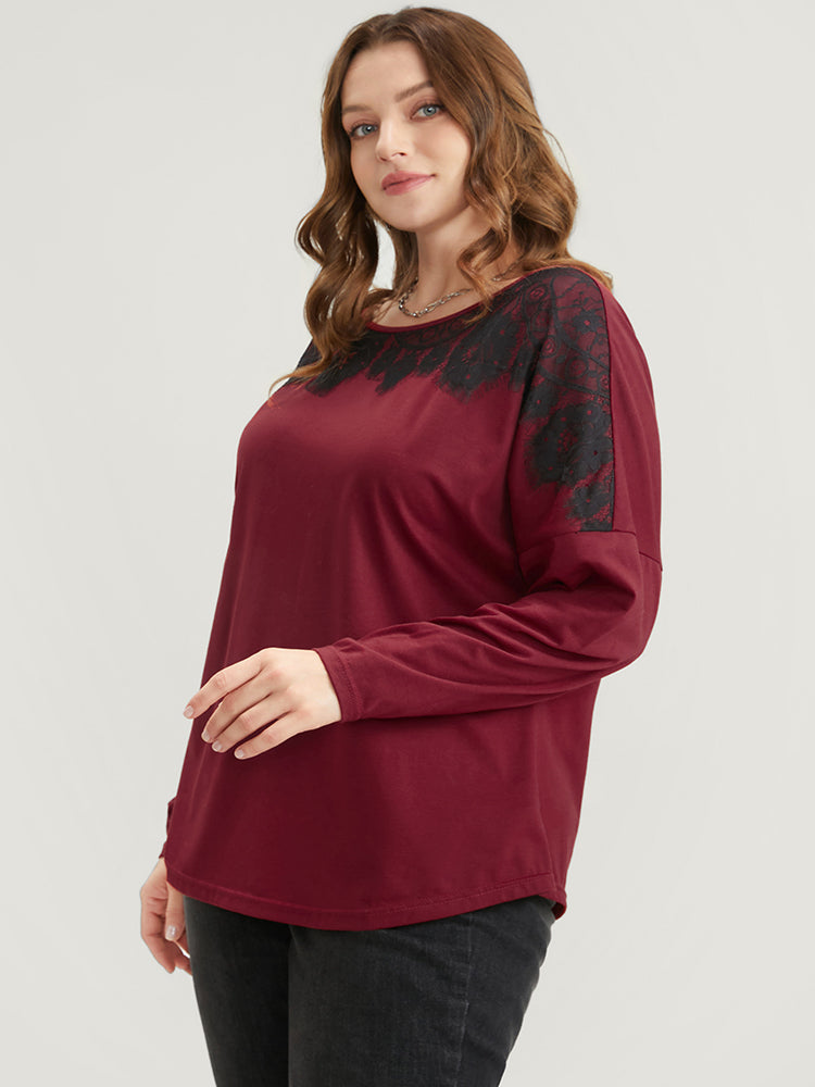 Solid Round Neck Contrast Lace Long Tee
