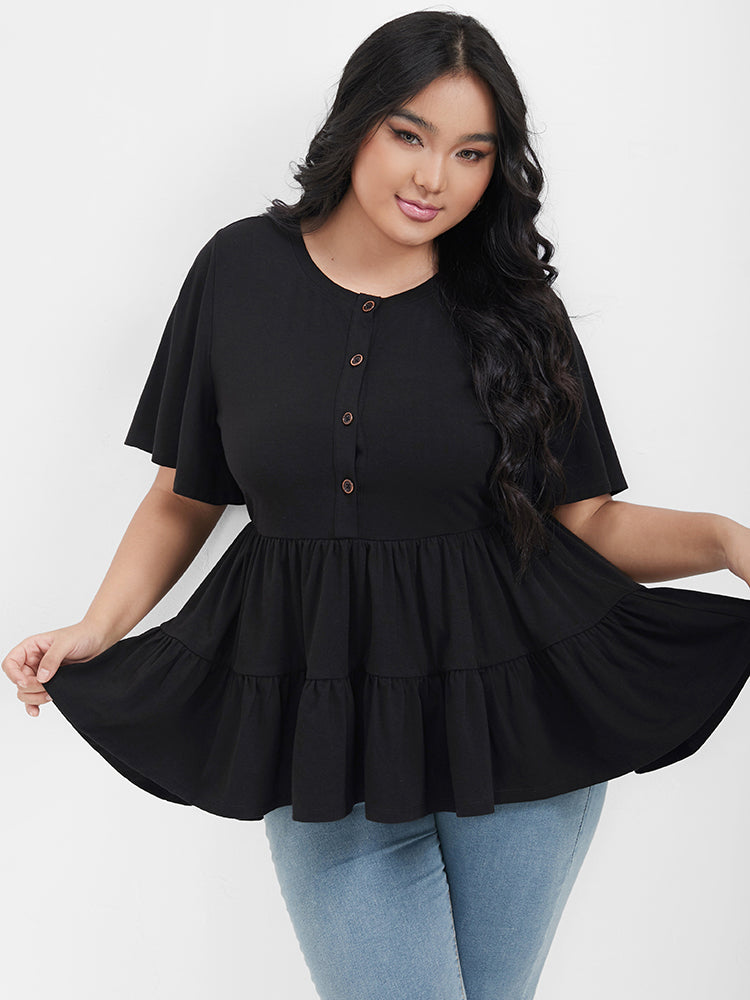 Solid Ruffles Button Round Neck T-shirt