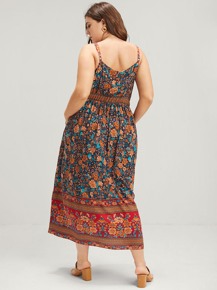 Floral Gathered Button Pocket Cami Maxi Dress