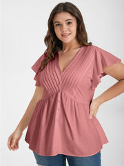 Solid Pleated Ruffled Button Lace V Neck Blouse