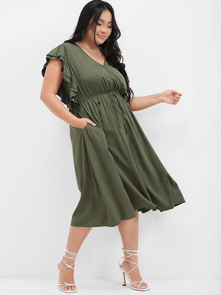 Solid Ruffles Button Ties Pocket Midi Dress
