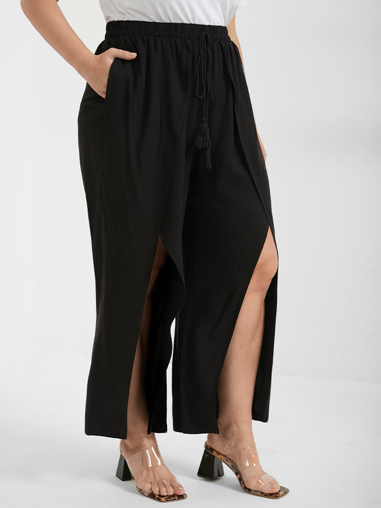 Solid Wrap Split Pocket Knot Waist Pants