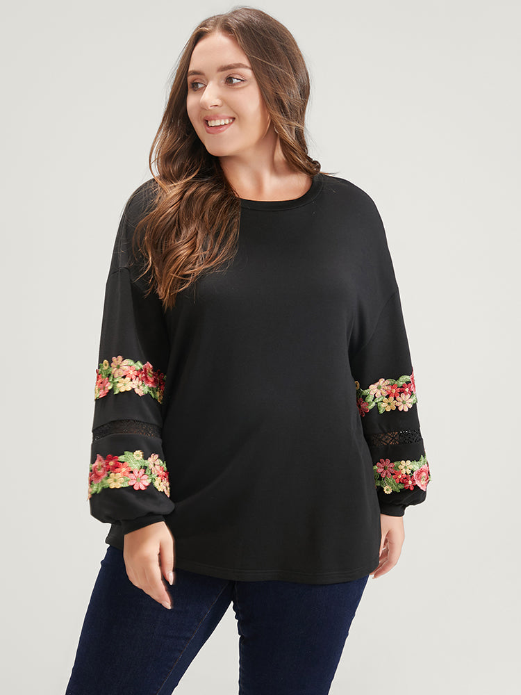 Solid Floral Embroidered Contrast Lace Sweatshirt