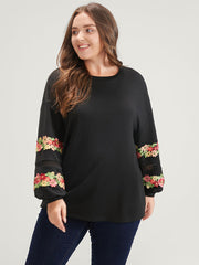 Solid Floral Embroidered Contrast Lace Sweatshirt