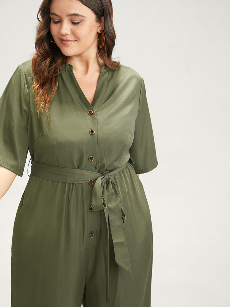 Solid Pocket Button Belted Jumpsuit